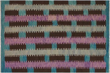 Flat Weave Kilim, Antique, Navaho, Vintage, Handmade, Modern Kilim Teal Brown Hand-Woven Rectangle 100% Wool Area Rug 9 x 10